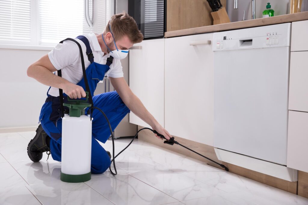 Pest Control Services for Your Home showing Young Male Exterminator Worker Spraying Insecticide Chemical In Kitchen