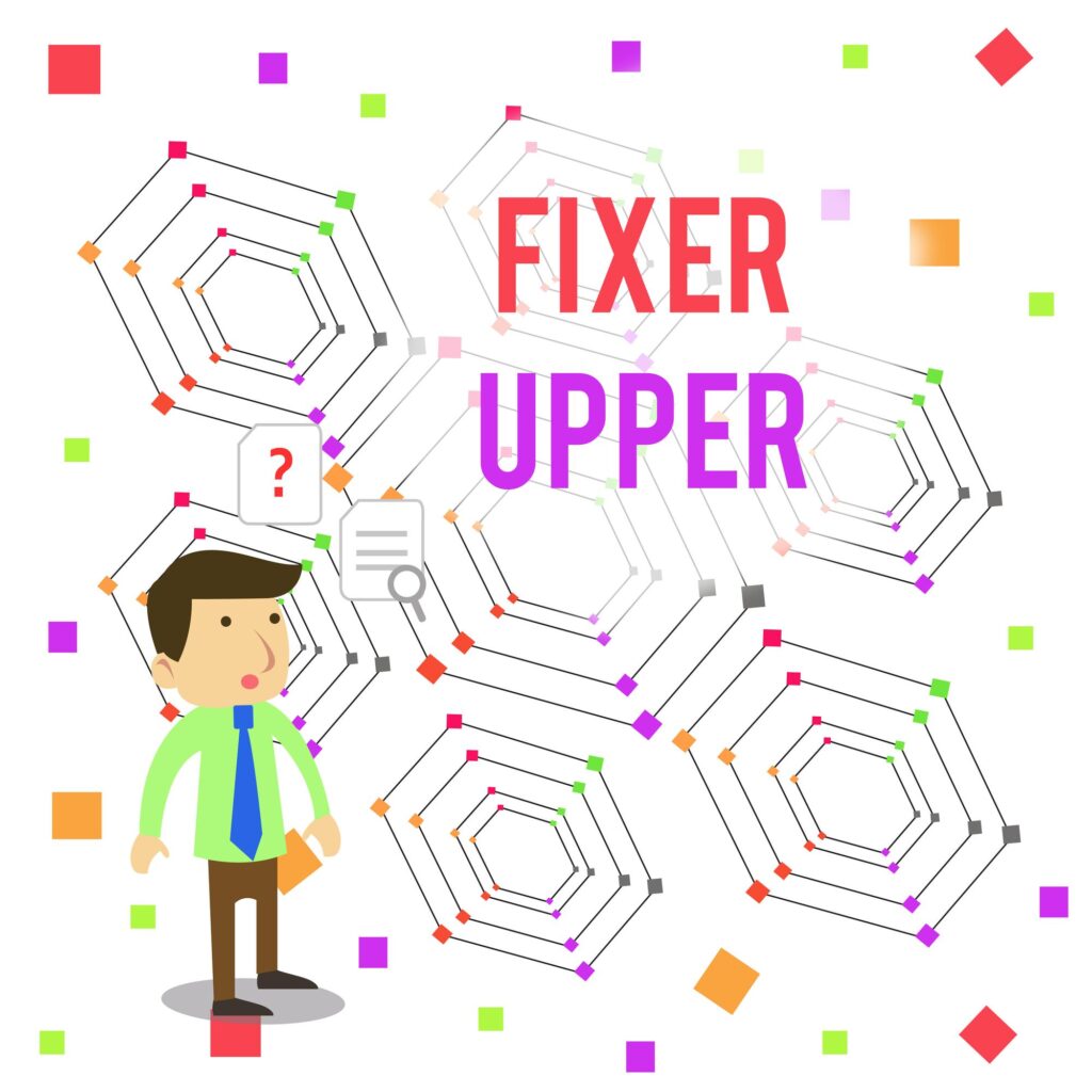 Word writing text Fixer Upper. Business photo showcasing house in need of repairs used chiefly connection with purchase Young Male Businessman Office Worker Standing Searching Problem Solution